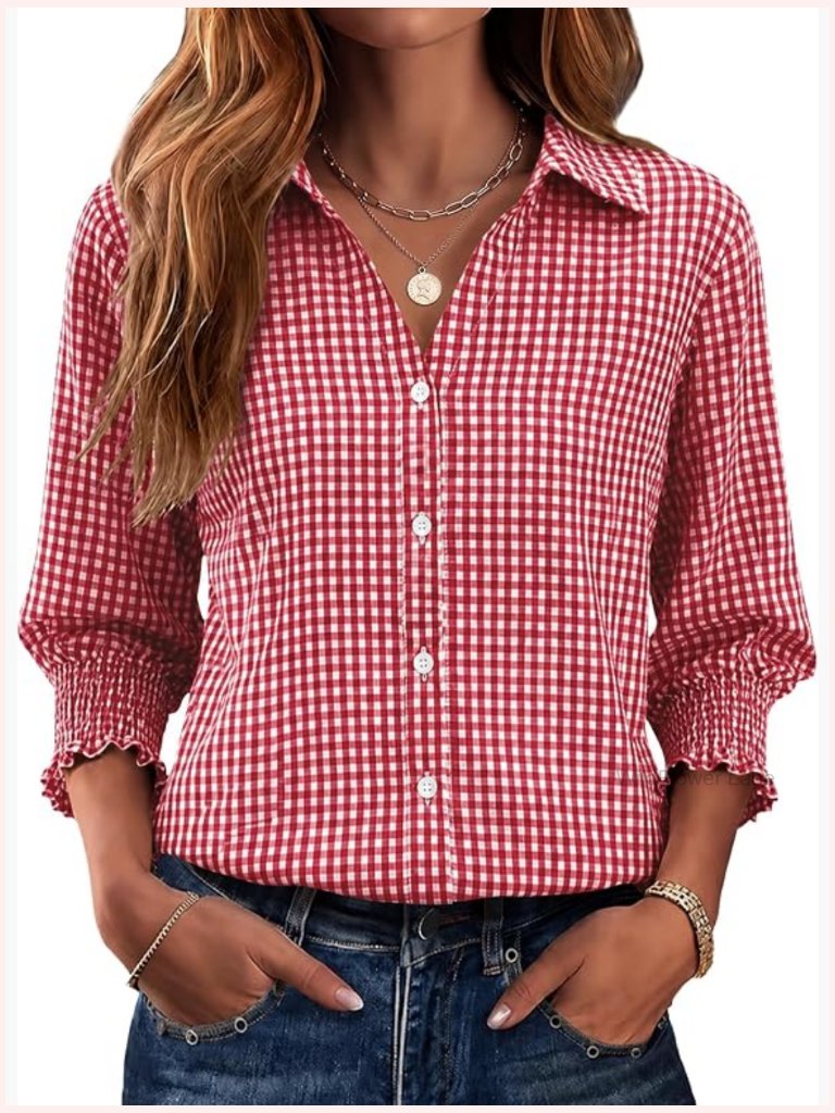 3/4 Length Sleeve Button Down Shirt Collared Business Casual Blouse